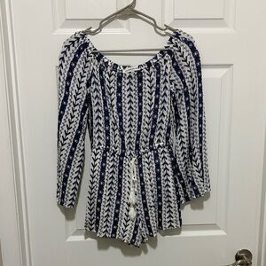 cupcakes & cashmere Blue and White Printed Off-Shoulder Romper